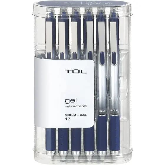 Canetas Gel TUL, Retráteis, Ponta Média, 0,7 mm, Corpo Cinza, Tinta Azul, Pacote com 12
