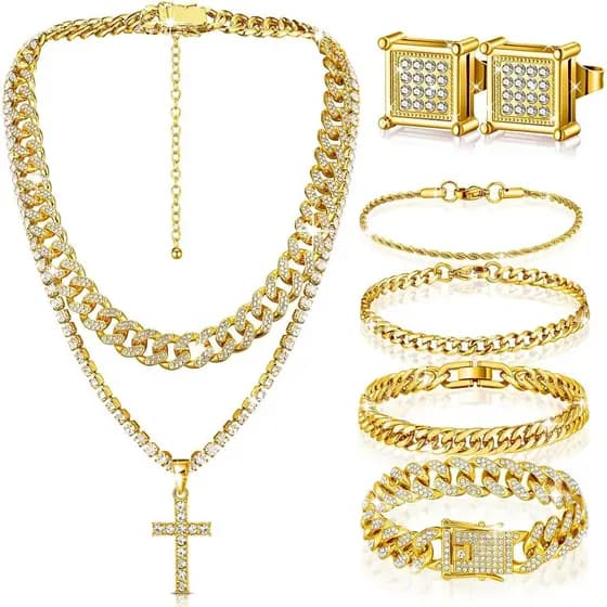 Conjunto de Joias Hip Hop Yinkin com 6 Peças para Homens, Pulseira de Corrente com Strass, Brincos, Conjunto de Joias co