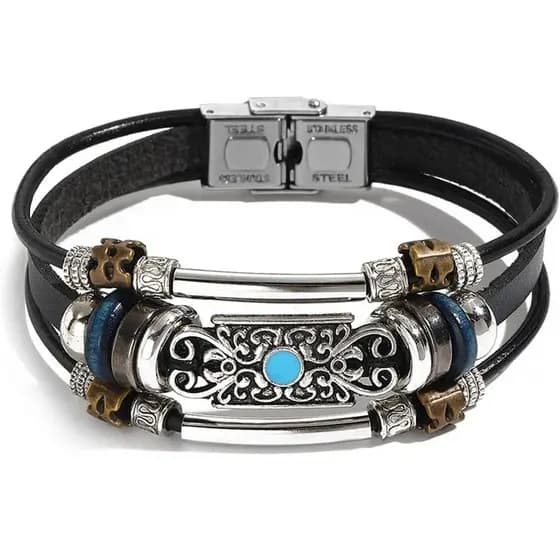 Pulseiras de Couro Vintage VIBILIA para Homens e Mulheres, Pulseiras de Múltiplas Camadas com Fecho Resistente, Pulseira
