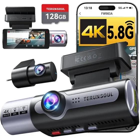 Câmera Veicular 4K Frontal e Traseira, Dashcam Full HD de 3 Canais, Cartão MicroSD de 128GB Grátis, Wi-Fi 5.8GHz Integra