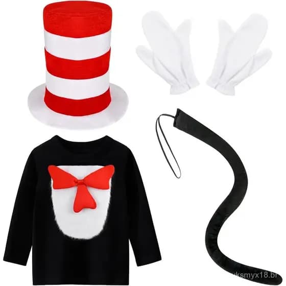 Conjunto de 5 Peças de Fantasia de Gato Preto Inclui Chapéu, Camisa, Gravata Borboleta e Cauda de Pelo para Fantasia de