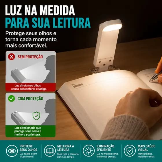 Mini Luminária de Livro com 3 Cores de Luz – Clipe Ajustável, Recarregável USB, Proteção Ocular, Brilho Ajustável e Dobr