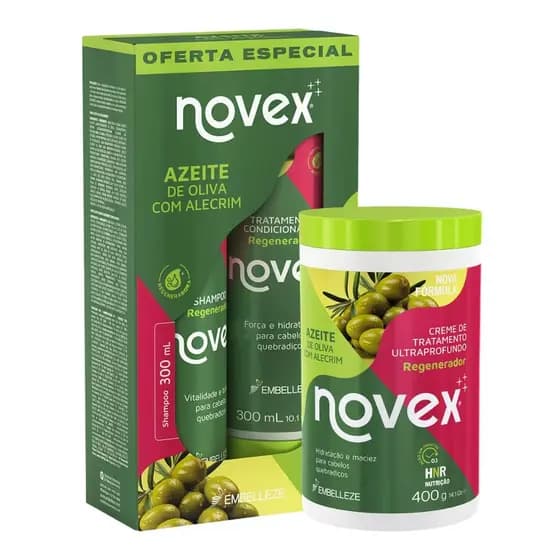 Kit Novex Azeite de Oliva e Alecrim Shampoo + Condicionador + Creme de Tratamento 400g Hidratação e Nutrição Capilar