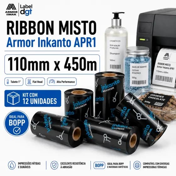 Kit 12 Ribbons Misto 110x450 Armor Inkanto APR1 Genius Zebra Argox Elgin Térmica BOPP Ecommerce