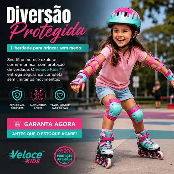 Kit Proteção Infantil Veloce Kids™ 7 Peças Capacete Joelheira Cotoveleira Munhequeira Ajustável para Bicicleta Skate
