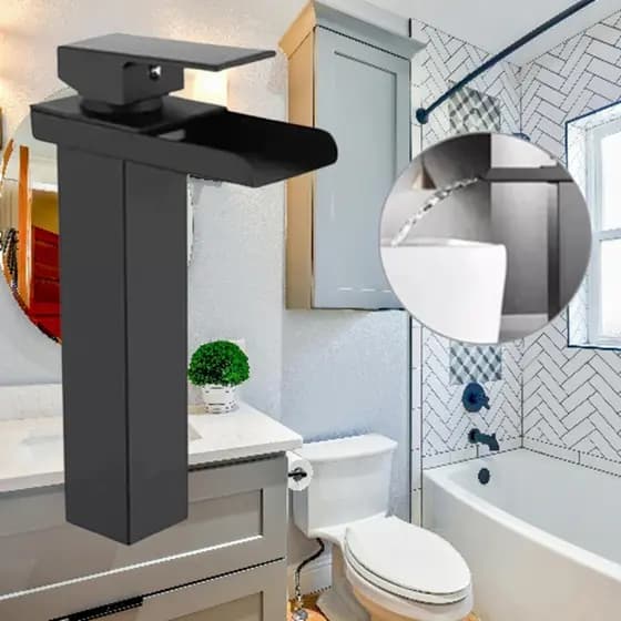 Torneira Cascata Quadrada Luxo Alta Preta com Misturador P/ Banheiros