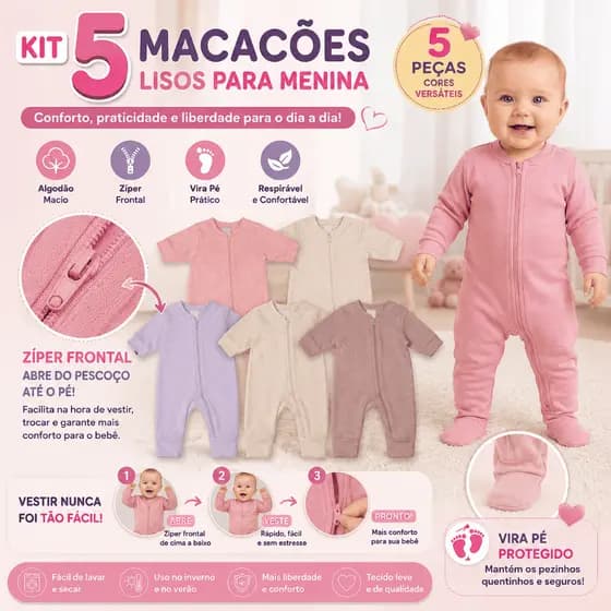 Kit 5 Macacão Bebê Ziper Menina Algodão Vira Pé Inverno Enxoval Macio Inverno Menino