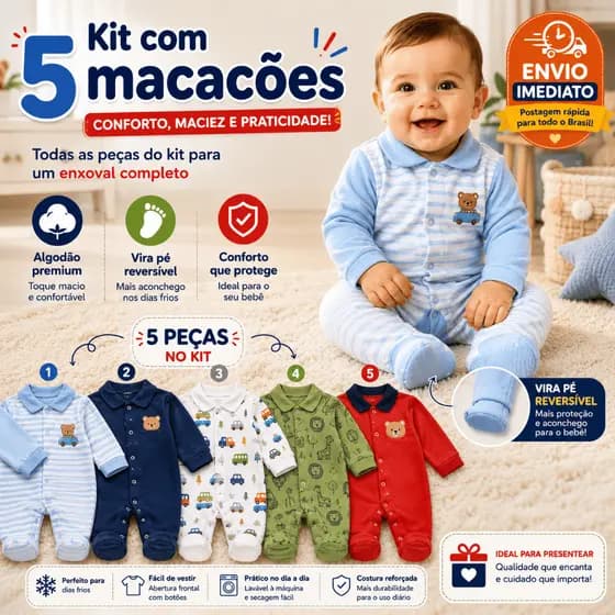 Kit 5 Macacões Bebê Menino Algodão Vira Pé Inverno Estampado Macio Confortável Enxoval