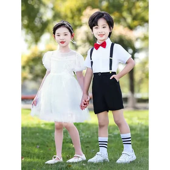 Crianças vestido de formatura do jardim de infância traje princesa chinesa vestido de gaze branca menino anfitrião branc