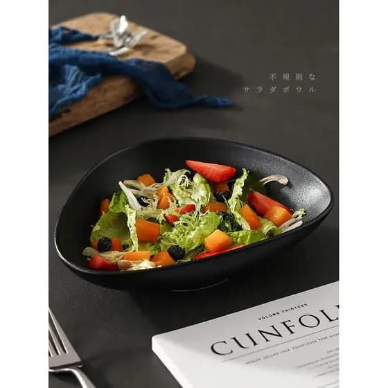 Estilo japonês cerâmica fosco preto criativo em forma especial tigela rasa prato doméstico prato profundo prato de salad