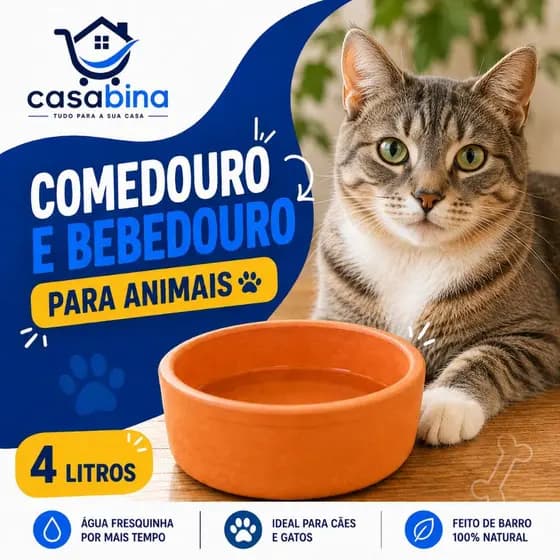 Comedouro Bebedouro de Barro 4L para Cães e Gatos Cerâmica Grande