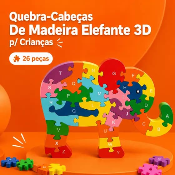 Quebra Cabeça Elefante 3D De Madeira Infantil 26 Peças Educativo Pedagógico Montessori Brinquedo Crianças