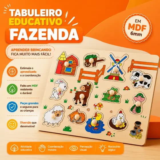 Brinquedo Educativo Infantil Tabuleiro Fazenda em Madeira MDF Puzzle de Encaixe Montessori Coordenação Motora Animais