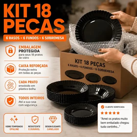 Kit Jogo 18 Pratos Opaline Preto Canelado Vidro 6 Raso 6 Fundo 6 Sobremesa Luxo Preto