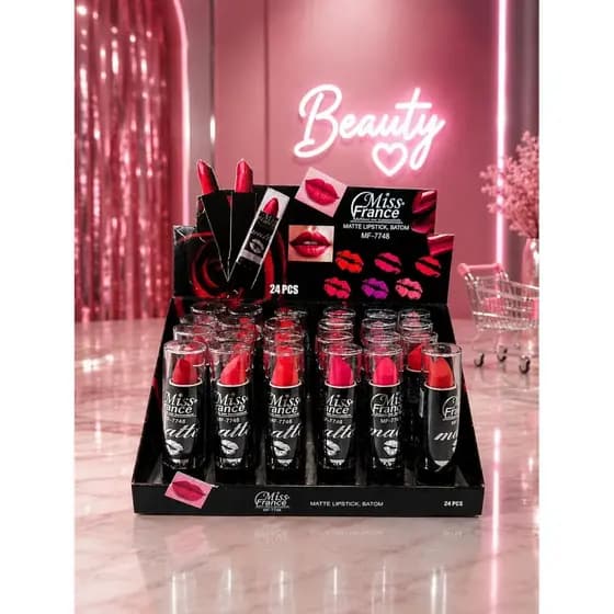 Box Display com 24 Peças Batom Matte Miss France 12 Cores Variadas Longa Duração MF-7748