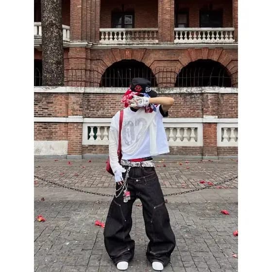Estilo Hong Kong na moda masculina verão novo estilo 2026 carta única Jeans Hip Hop ins na moda High Street na moda rufi