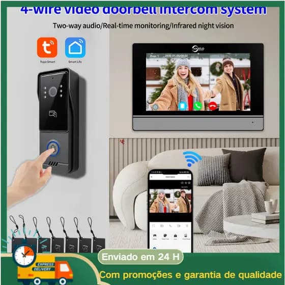 Tuya campainha de vídeo wi-fi sem fio, 1080p, tela sensível ao toque colorida, aplicativo inteligente, kit de intercomun