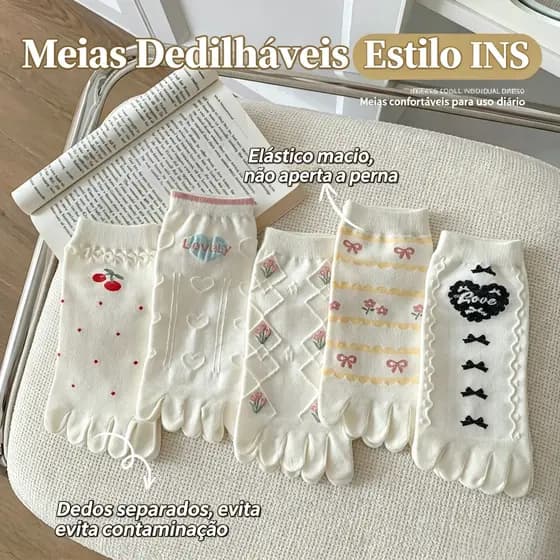 Meias Femininas Fofas De Cinco Dedos Com Pequenos Laços Florais , Curtas , Estilo Universitário Moderno E Doce , Versáte