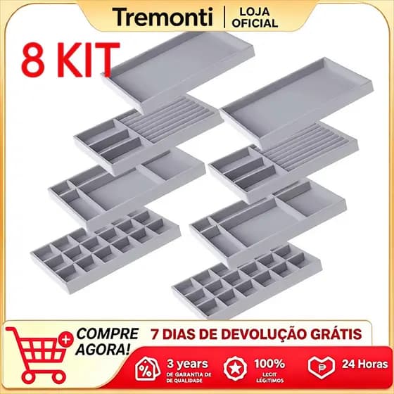 Kit 8 Bandejas Porta-Jóias de Veludo Cinza – Combinação Multifuncional para Organização Completa