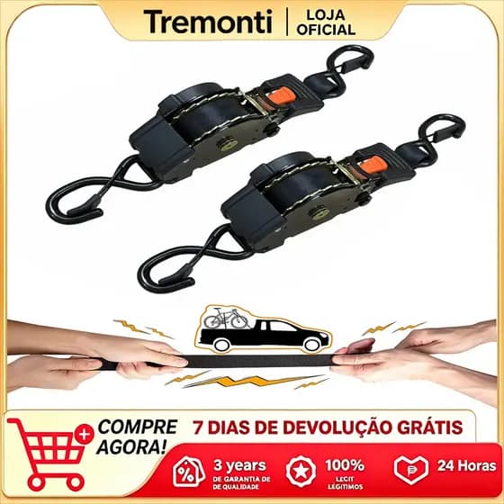 2 KIT Cinta Para Carga Catraca Automática 800kg 4.5m, p/ Caminhão Reboque Moto, Retrátil Eficiente