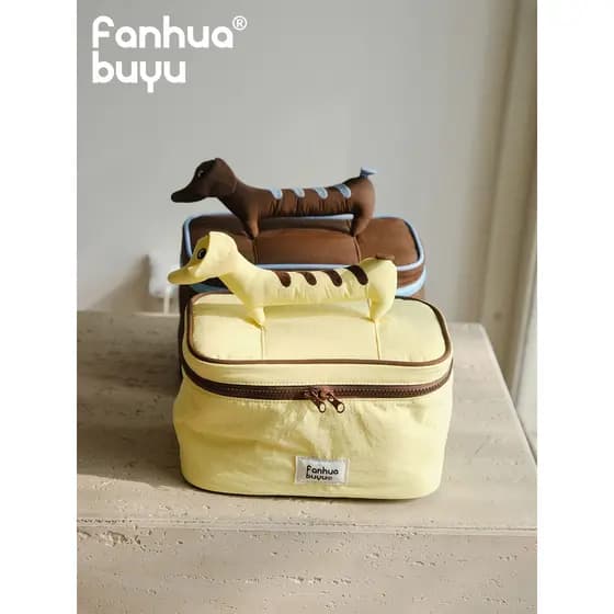 Fanhua sussurro Dachshund cão saco cosmético feminino passeio portátil bonito grande capacidade de armazenamento partiçã