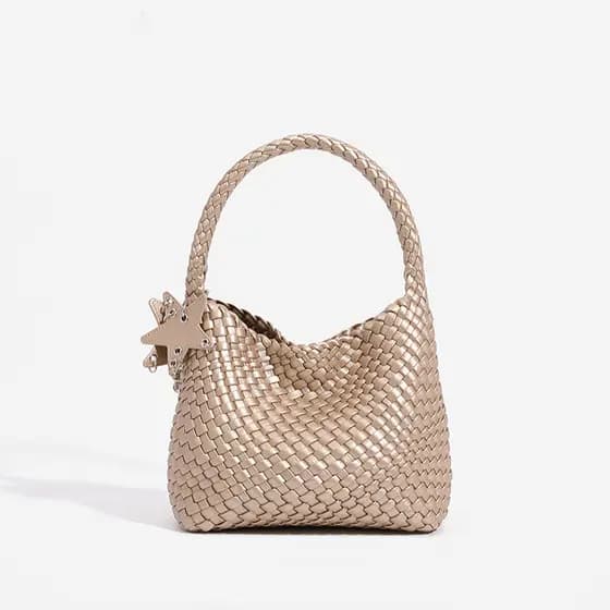 Bolsa feminina tecido saco feminino 2025 novo estilo champanhe prata pequena sacola portátil balde