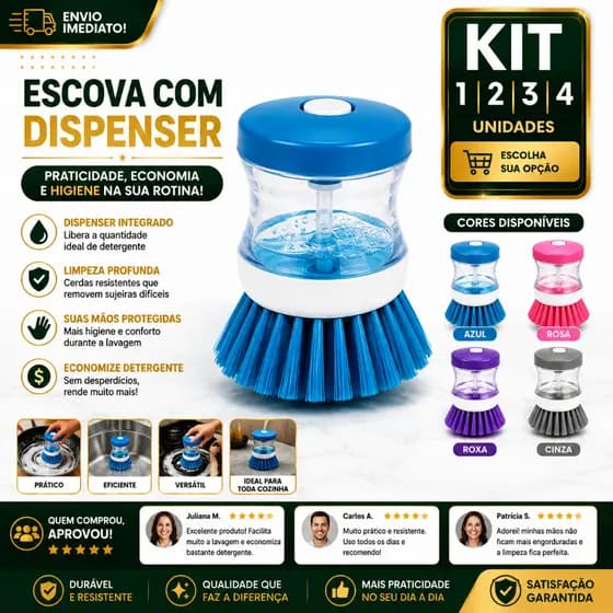 Escova Lava Louças com Dispenser 1/2/3/4 Detergente Integrado Multiuso Cozinha Pia Panelas Pratos Limpeza Profunda