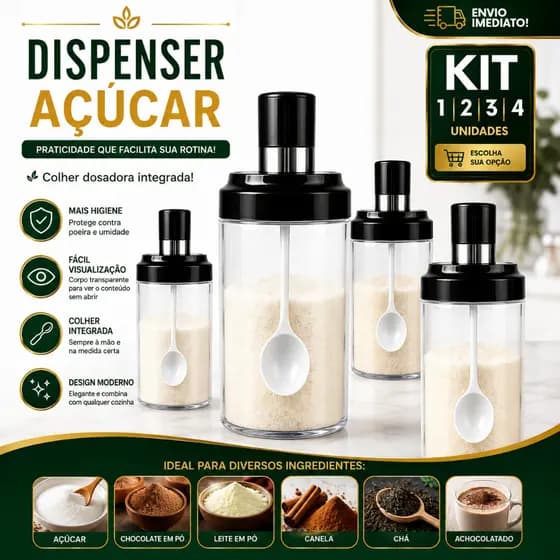 Dispenser De Açúcar Com Colher Dosadora Integrada 1/2/3/4 Organizador Porta Açúcar Transparente Tampa Hermética