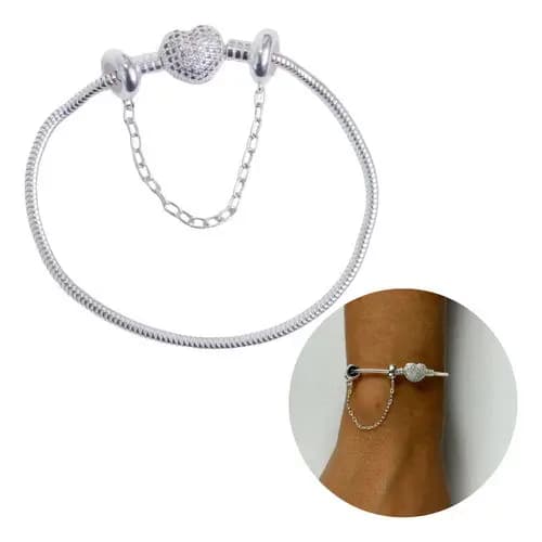 Pulseira De Berloque Prata 925 Coração Com Trava De Segurança de Brinde Pulseira + Trava Gratis