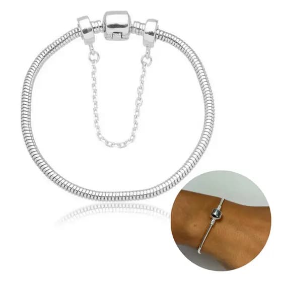 Pulseira Para Berloques Prata 925 Original + Trava De Segurança Grátis Pulseira + Berloque de Brinde