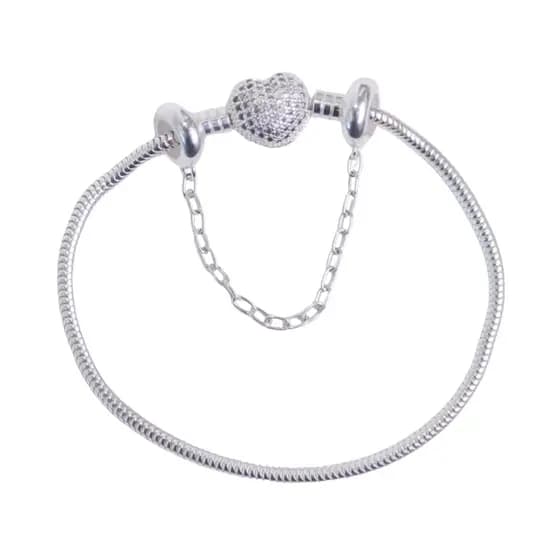 Pulseira para Berloques Coração Prata 925 Original + Trava De Segurança de Brinde Pulseira Feminina
