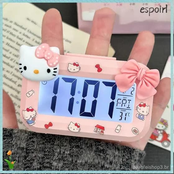 Relógio Despertador de Desenho Animado ESPOIR, Relógio Digital LED Multifuncional Mini, Relógio Despertador Sanrio Hello