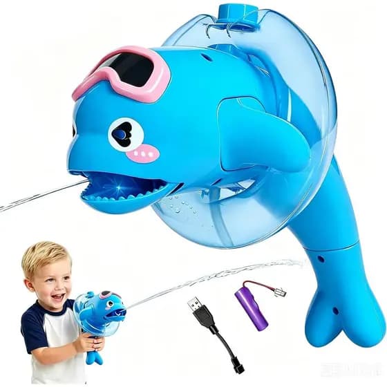 Pistola de Água Elétrica para Crianças - Brinquedo de Água Automático Blue Dolphin com Som e Luz, Alcance de 32 Pés, Bri