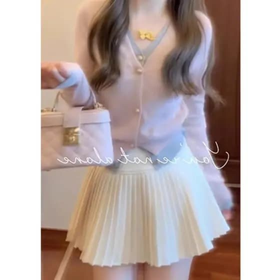 NALYSA Doce Estilo Rosa Com Decote Em V Contraste Cor Malhas Top Cardigan Slim-fit + Saia Plissada Terno de Duas Peças