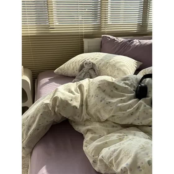 Ins menina estilo Pastoral pequeno Floral lavado algodão cama conjunto de quatro peças lençol roxo dormitório estudante
