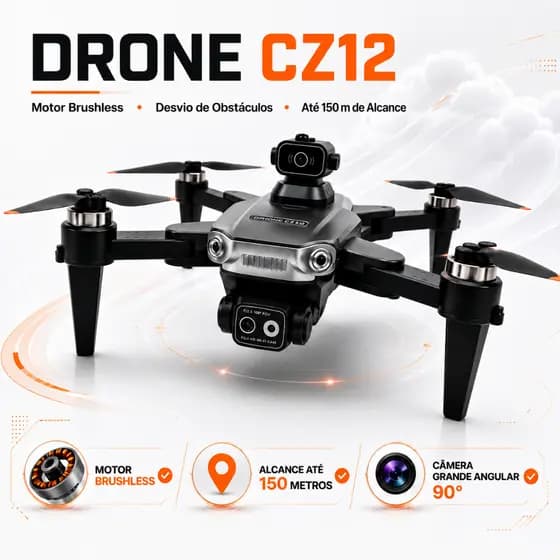 Drone CZ12 Brushless Câmera Grande Angular 90° 2 Baterias Desvio de Obstáculos Alcance 150m Dobrável