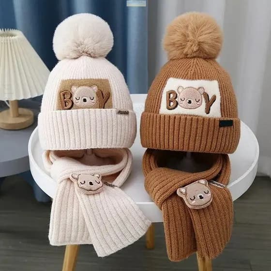 2 Pçs/Set Chapéu Do Bebê Cachecol Bonito Pompom Inverno Lã Malha Quente Gorro Crianças Meninos Meninas Dos Desenhos Anim
