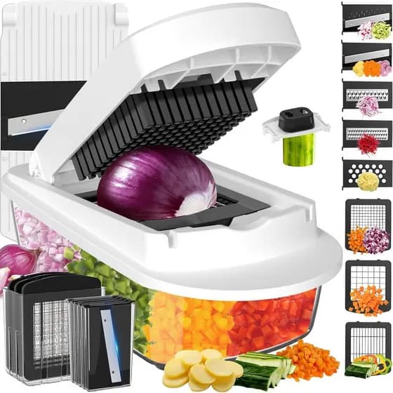 Cortador de Legumes Multifuncional 8 em 1 com Recipiente, Picador de Alimentos, Picador de Cebola, Cortador de Vegetais