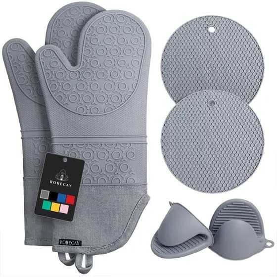 Rorecay Conjunto de 6 Peças de Luvas de Forno e Suportes para Panelas para Cozinha, Luvas de Silicone Extra Longas Resis
