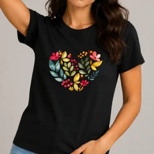 Camiseta Feminina Coração Floral T Shirt Estampada Casual Básica Academia