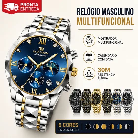 Relógio Masculino Multifuncional Social Quartzo com Calendário Data 30M Resistente à Água Luminoso Presente para Homem