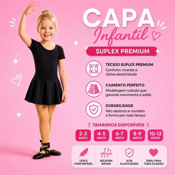 Conjunto Infantil Feminino Ballet Body Manga curta e Saia Confortavel em Suplex Premium