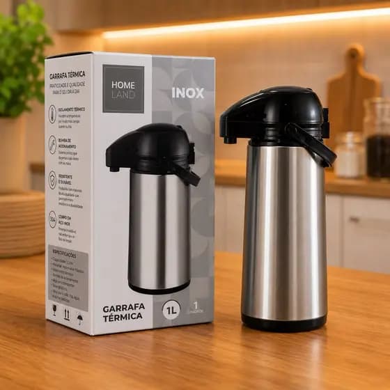Garrafa Térmica Inox 1L com Bomba de Pressão Home Land Mantém Café Chá Água Quente e Fria