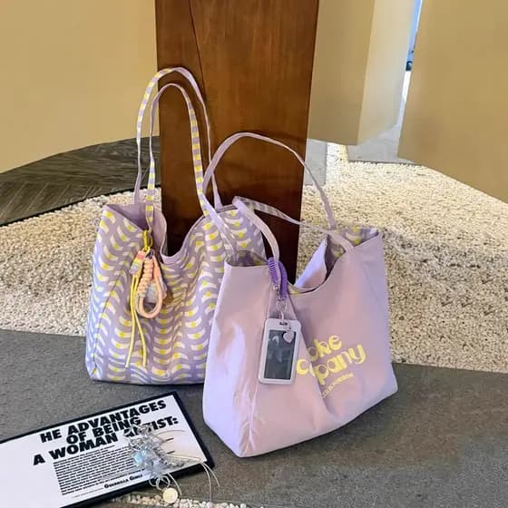 Taro roxo carta impressa sacola grande capacidade dupla face Commuter bolsa de ombro feminina