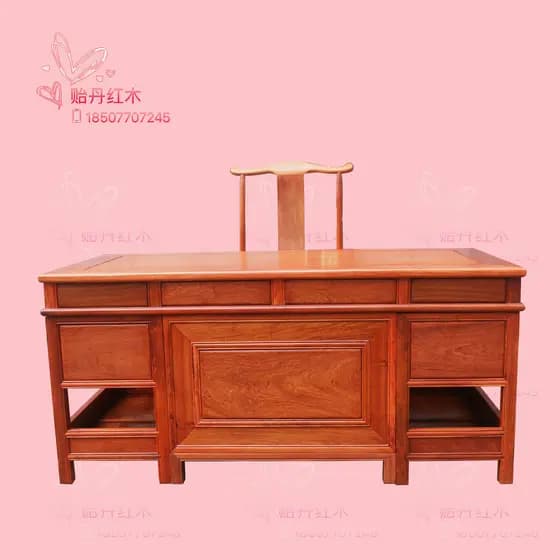 Mesa de escritório de jacarandá birmanês conjunto de duas peças grande fruta vermelho sândalo chefe mesa com chapéu ofic