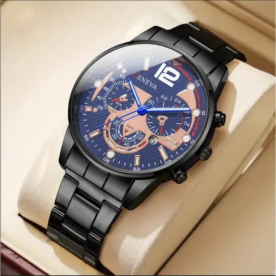 Relógio masculino com calendário, pulseira de aço, multicolorido, ponteiros luminosos, números grandes, exclusivo.