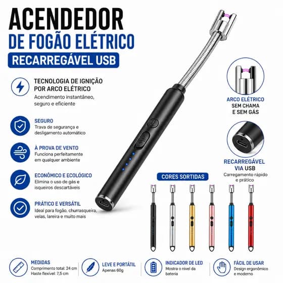 Acendedor Elétrico Recarregável USB Plasma para Fogão Churrasqueira Velas Sem Gás À Prova de Vento