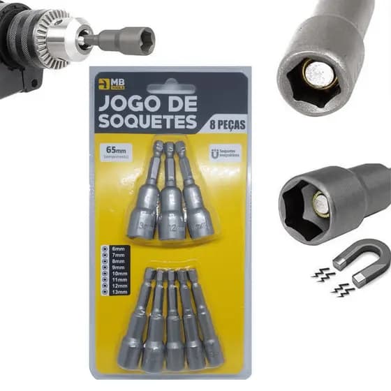 Kit 8 bits soquete canhão magnético parafusadeira 6 a 13mm