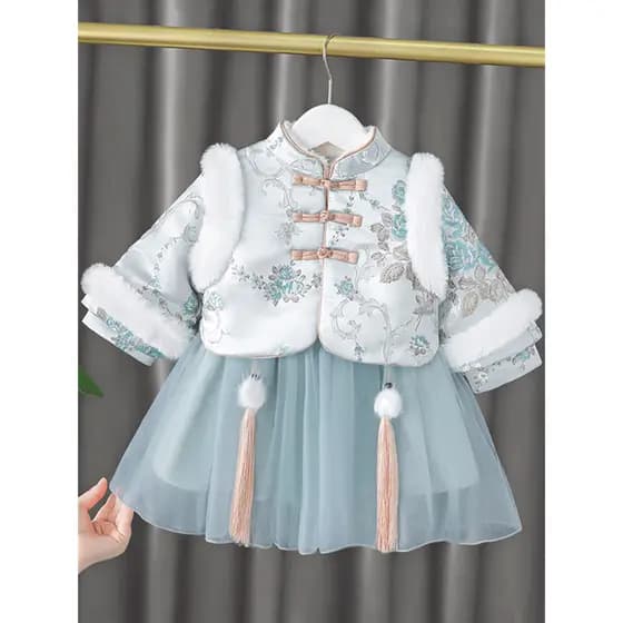 Meninas Hanfu velo terno estilo ocidental bebê roupas de ano novo crianças inverno Tang terno um ano de idade roupas de