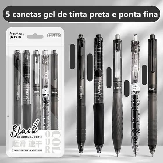 Conjunto de 5 canetas gel pretas de ponta fina, alta precisão, grande capacidade e escrita contínua WJ-10